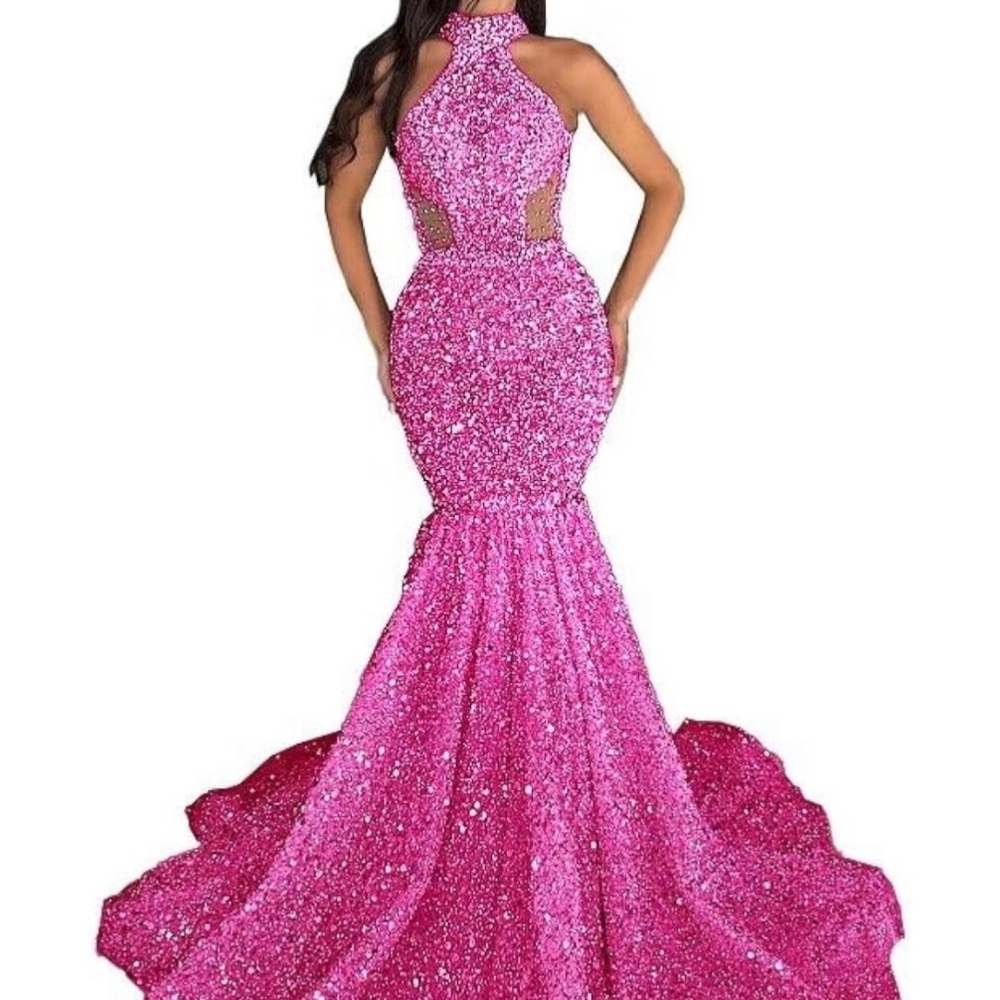 Long Sparkly Beaded Sheer Pink Dress For Special Events Such As Prom or Wedding